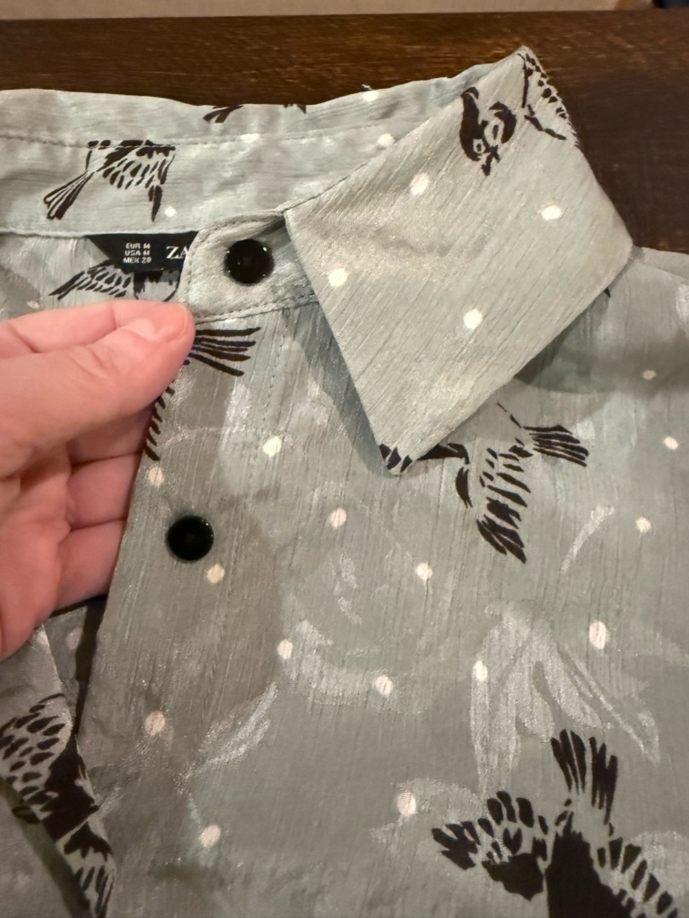 Zara Basic Bird Print Button Down Blouse Sage Green Polka Dot Size M - Picture 5 of 13